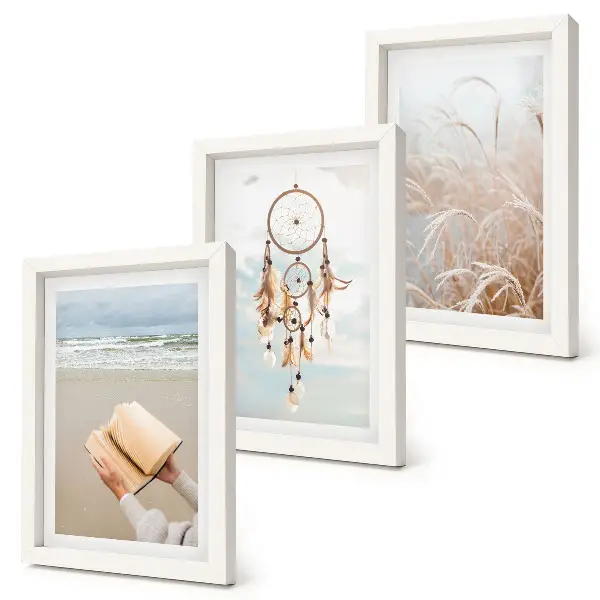 Set ingelijste schilderijen vredige landschappen met delicate zomerse uitzichten in boho-stijl