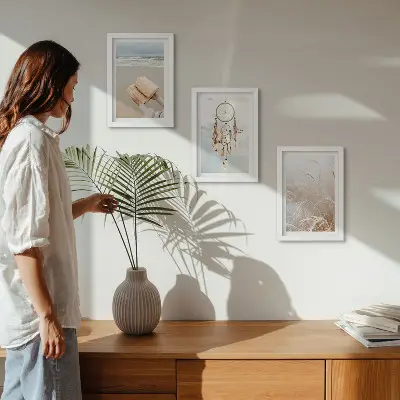 Set ingelijste schilderijen vredige landschappen met delicate zomerse uitzichten in boho-stijl