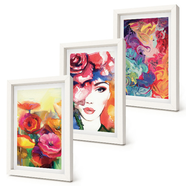 Set van ingelijste schilderijen Bloemen in intense kleuren, portret van een vrouw, abstract