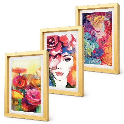 Set van ingelijste schilderijen Bloemen in intense kleuren, portret van een vrouw, abstract
