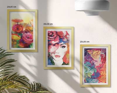 Set van ingelijste schilderijen Bloemen in intense kleuren, portret van een vrouw, abstract