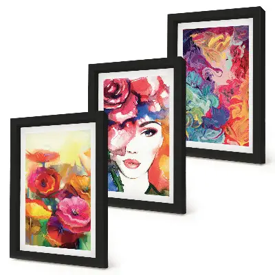 Set van ingelijste schilderijen met abstract portret van een vrouw in intense bloemkleuren
