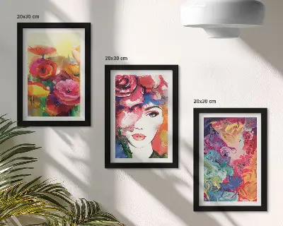 Set van ingelijste schilderijen met abstract portret van een vrouw in intense bloemkleuren