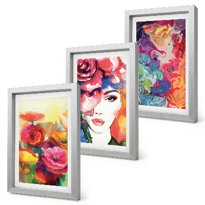 Set van ingelijste schilderijen Bloemen in intense kleuren, portret van een vrouw, abstract
