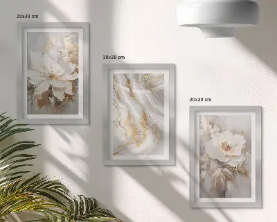 Gallery wall met bloemen en een abstract marmerpatroon