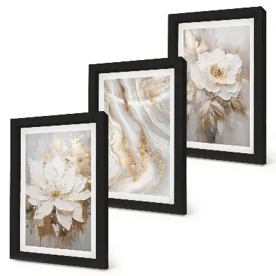 Gallery wall met bloemen en een abstract marmerpatroon