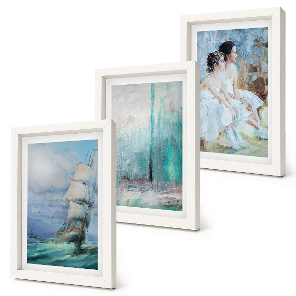 Set van ingelijste schilderijen Schip op zee, abstract portret van dansers