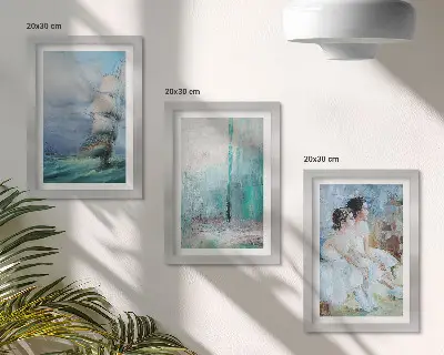 Set ingelijste schilderijen schip op zee en abstract portret van dansers