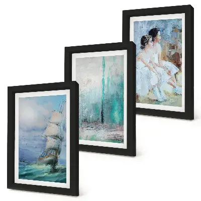 Set ingelijste schilderijen schip op zee en abstract portret van dansers