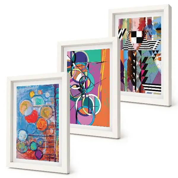 Set van ingelijste schilderijen met abstracte kleurrijke cirkels en geometrische patronen