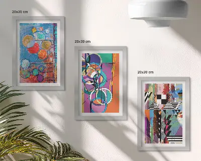 Set van ingelijste schilderijen met abstracte kleurrijke cirkels en geometrische patronen
