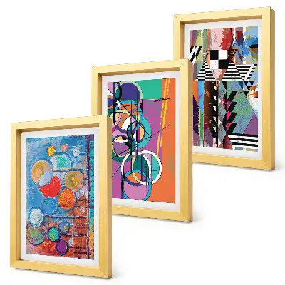 Set van ingelijste schilderijen met abstracte kleurrijke cirkels en geometrische patronen