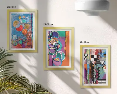 Set van ingelijste schilderijen met abstracte kleurrijke cirkels en geometrische patronen