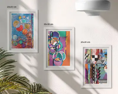 Set van ingelijste schilderijen met abstracte kleurrijke cirkels en geometrische patronen