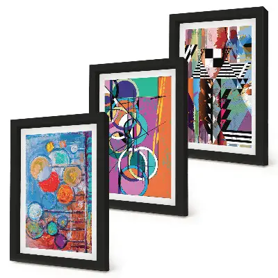 Set van ingelijste schilderijen met abstracte kleurrijke cirkels en geometrische patronen