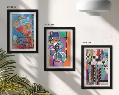 Set van ingelijste schilderijen met abstracte kleurrijke cirkels en geometrische patronen