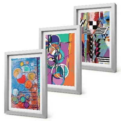 Set van ingelijste schilderijen met abstracte kleurrijke cirkels en geometrische patronen