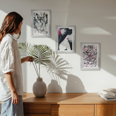 Set van ingelijste schilderijen Abstracte verfpatronen vrouw met hoed