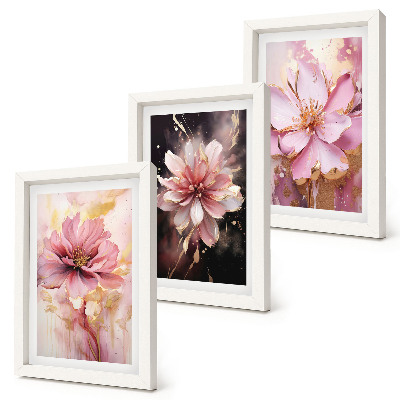 Set van ingelijste schilderijen Bloemstukken in roze en witte tinten.