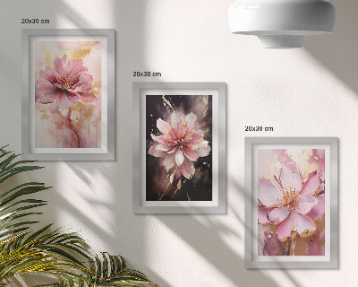 Set van ingelijste schilderijen Bloemstukken in roze en witte tinten.