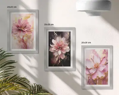 Set ingelijste schilderijen met bloemstukken in roze en witte tinten