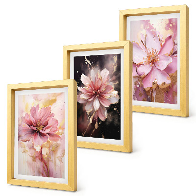 Set van ingelijste schilderijen Bloemstukken in roze en witte tinten.