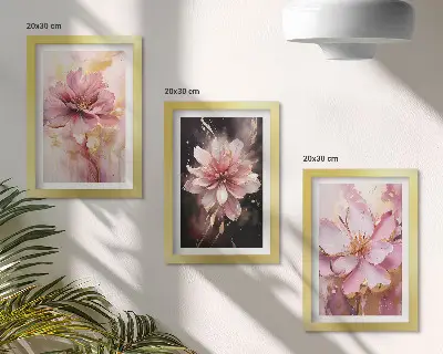 Set ingelijste schilderijen met bloemstukken in roze en witte tinten