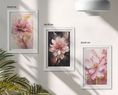 Set van ingelijste schilderijen Bloemstukken in roze en witte tinten.
