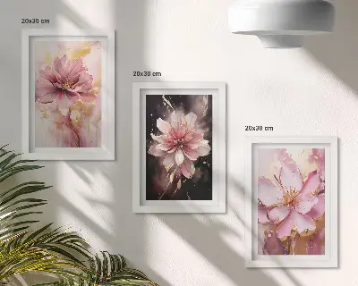 Set ingelijste schilderijen met bloemstukken in roze en witte tinten