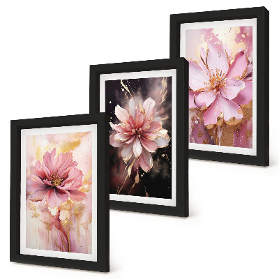 Set van ingelijste schilderijen Bloemstukken in roze en witte tinten.