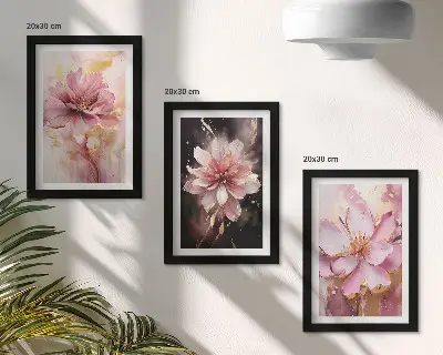 Set ingelijste schilderijen met bloemstukken in roze en witte tinten
