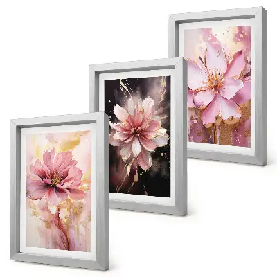 Set ingelijste schilderijen met bloemstukken in roze en witte tinten