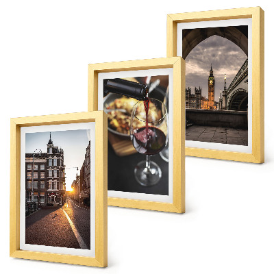 Set van ingelijste schilderijen Een serie foto's met een stad, eten en een uitzicht op Londen.