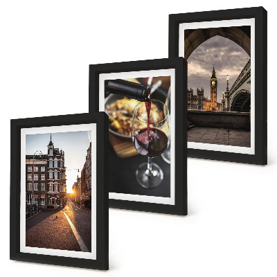 Set van ingelijste schilderijen Een serie foto's met een stad, eten en een uitzicht op Londen.