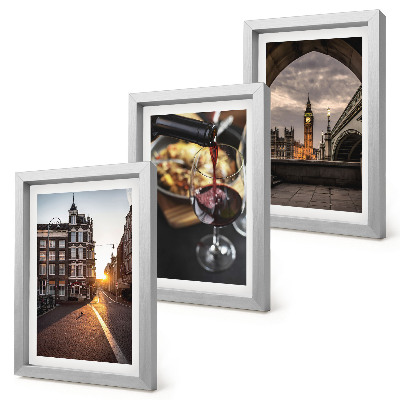 Set van ingelijste schilderijen Een serie foto's met een stad, eten en een uitzicht op Londen.