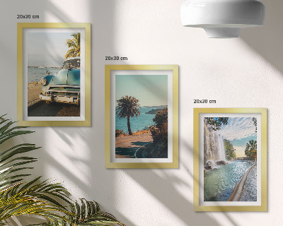 Set van ingelijste schilderijen Vakantielandschappen met palmbomen en een waterval
