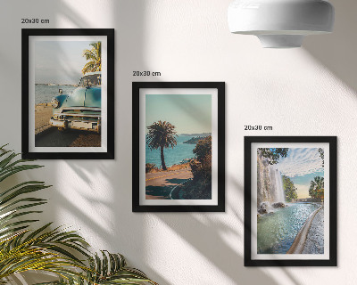 Set van ingelijste schilderijen Vakantielandschappen met palmbomen en een waterval