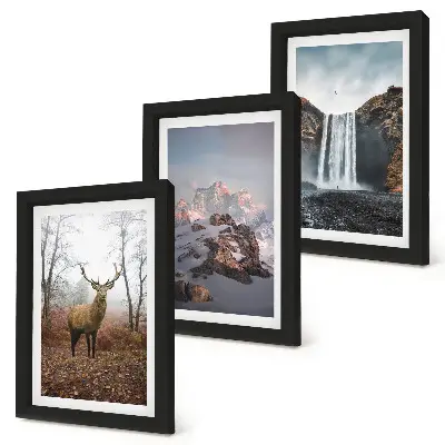 Gallery wall met natuurlijke ongerepte landschappen van bergen herten en watervallen