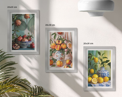 Set van ingelijste schilderijen Granaatappels, perziken en citroenen in vazen
