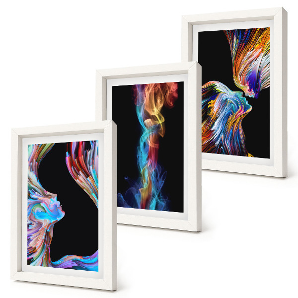 Set van ingelijste schilderijen Kleurrijke abstracties met gezichten en dynamische vormen.