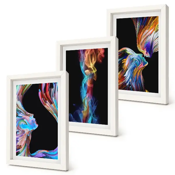 Set van ingelijste schilderijen met abstracte kleurrijke gezichten en dynamische vormen