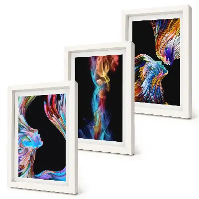 Set van ingelijste schilderijen met abstracte kleurrijke gezichten en dynamische vormen
