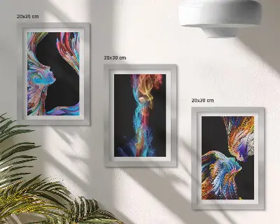 Set van ingelijste schilderijen met abstracte kleurrijke gezichten en dynamische vormen