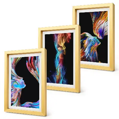 Set van ingelijste schilderijen met abstracte kleurrijke gezichten en dynamische vormen