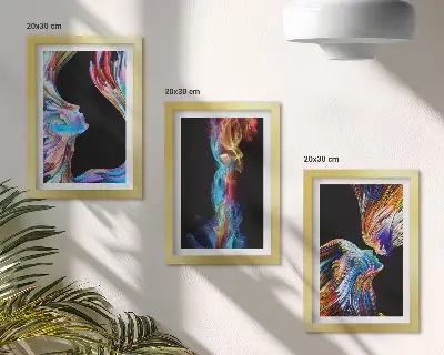Set van ingelijste schilderijen met abstracte kleurrijke gezichten en dynamische vormen