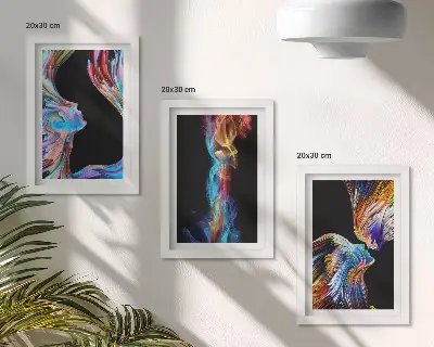 Set van ingelijste schilderijen met abstracte kleurrijke gezichten en dynamische vormen