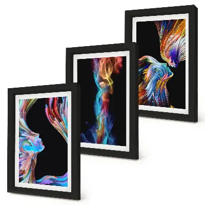 Set van ingelijste schilderijen met abstracte kleurrijke gezichten en dynamische vormen