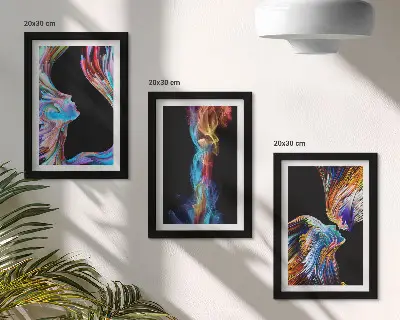 Set van ingelijste schilderijen met abstracte kleurrijke gezichten en dynamische vormen