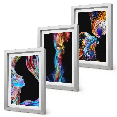 Set van ingelijste schilderijen met abstracte kleurrijke gezichten en dynamische vormen