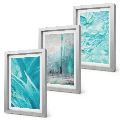 Gallery wall Verschillende blauwtinten in delicate abstracte patronen.